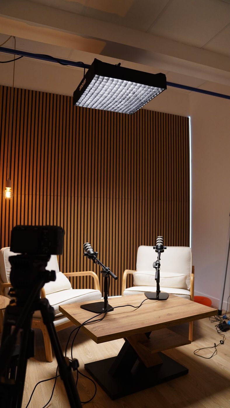 Le studio podcast : mur en lattes de bois, fauteuils et micros